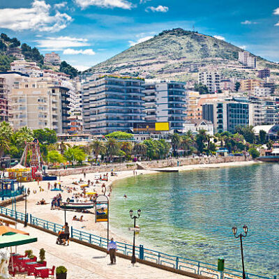Main city promenade and pablich beach in Saranda, Albania.